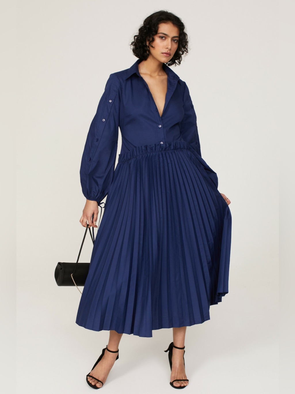 Pleated Long-Sleeve Midi Dress In Navy